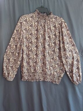 Women's Brown Mosaic Smocked-Neck Blouse